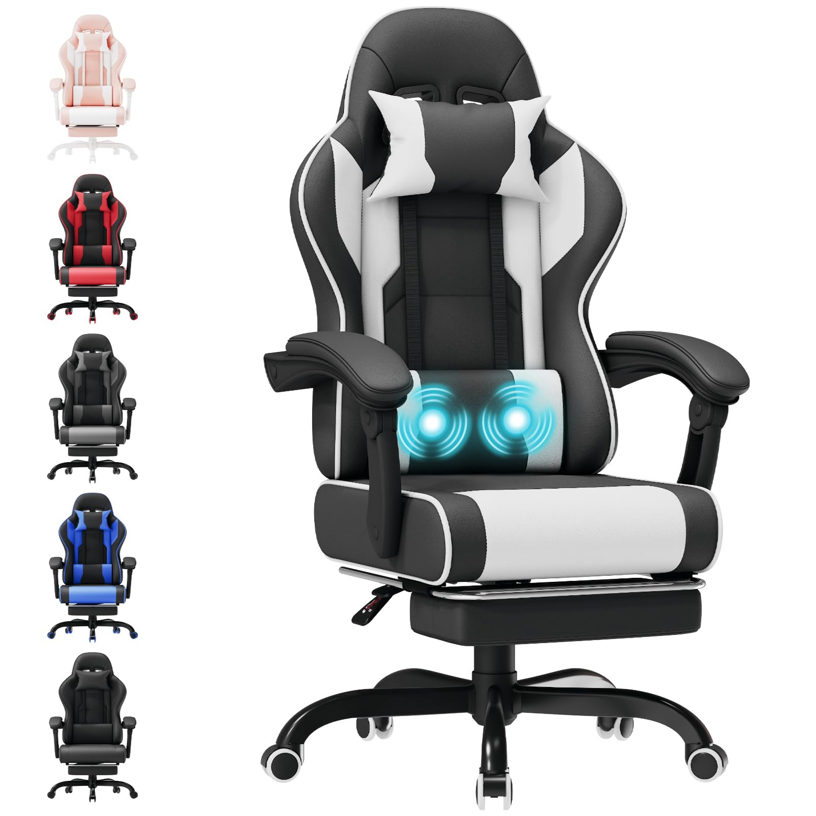 TRIUMPHKEY Silla Gaming con Masajeador, PU Silla de Juegos con Reposacabezas y Reposapiés,Silla de Oficina Ergonómica con Lumbar de Masaje, Reclinable 90-150°y Capacidad 150KG Blanco-Negro