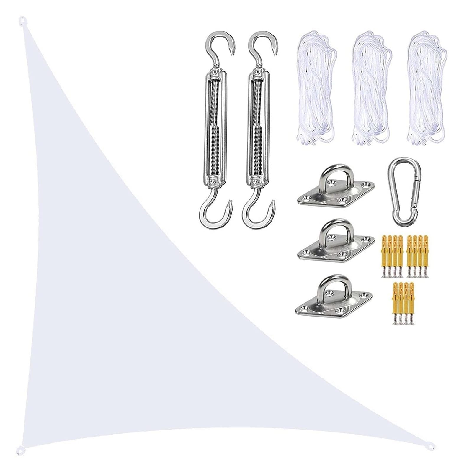 Toldo de sol triangular HDPE blanco de 4x4x5.7m con cuerdas para jardin