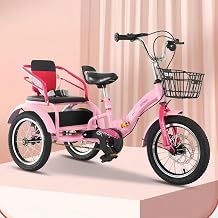 Folding Tricycle for Kids, 2-4-6-9 Years, Stroller, Boys, Girls, Bicycle, Bike, Kids Double Seat, Preschool Pedals, Toddler Bicycle with Storage Basket, Bell, Daycare Kids Tandem Tricycle