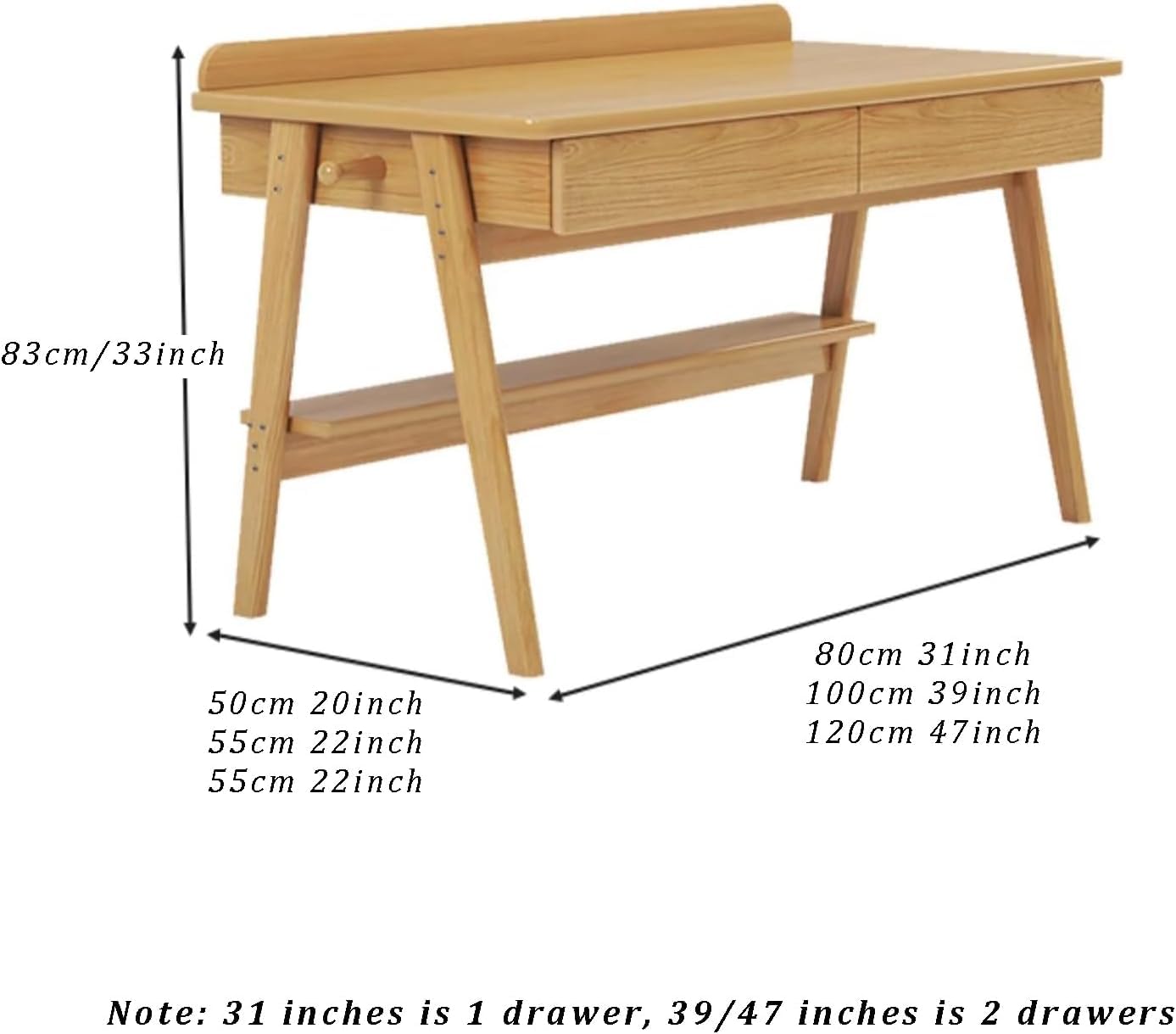 Biurko z litego drewna, biurko do domowego biura w stylu mid-century modern, biurko z szufladami, kompaktowe biurko komputerowe do nauki z haczykami do pisania (rozmiar: 100 cm, kolor: A)