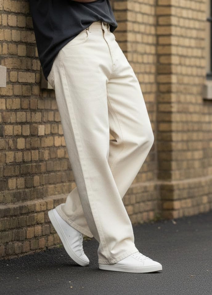 Image of Beige Baggy Men Jeans, Cotton Denim, Regular Fit, Straight Leg, Mid Rise, Stretchable, Casual