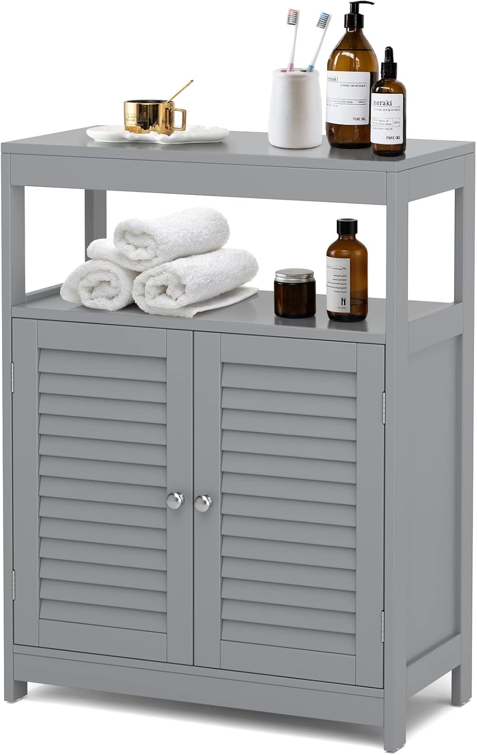 LOKO Bathroom Floor Cabinet, Freestanding Storage Cabinet with Double Shutter Doors & Adjustable Shelf, Multifunctional Accent Cabinet for Bathroom, Kitchen, Living Room (White)