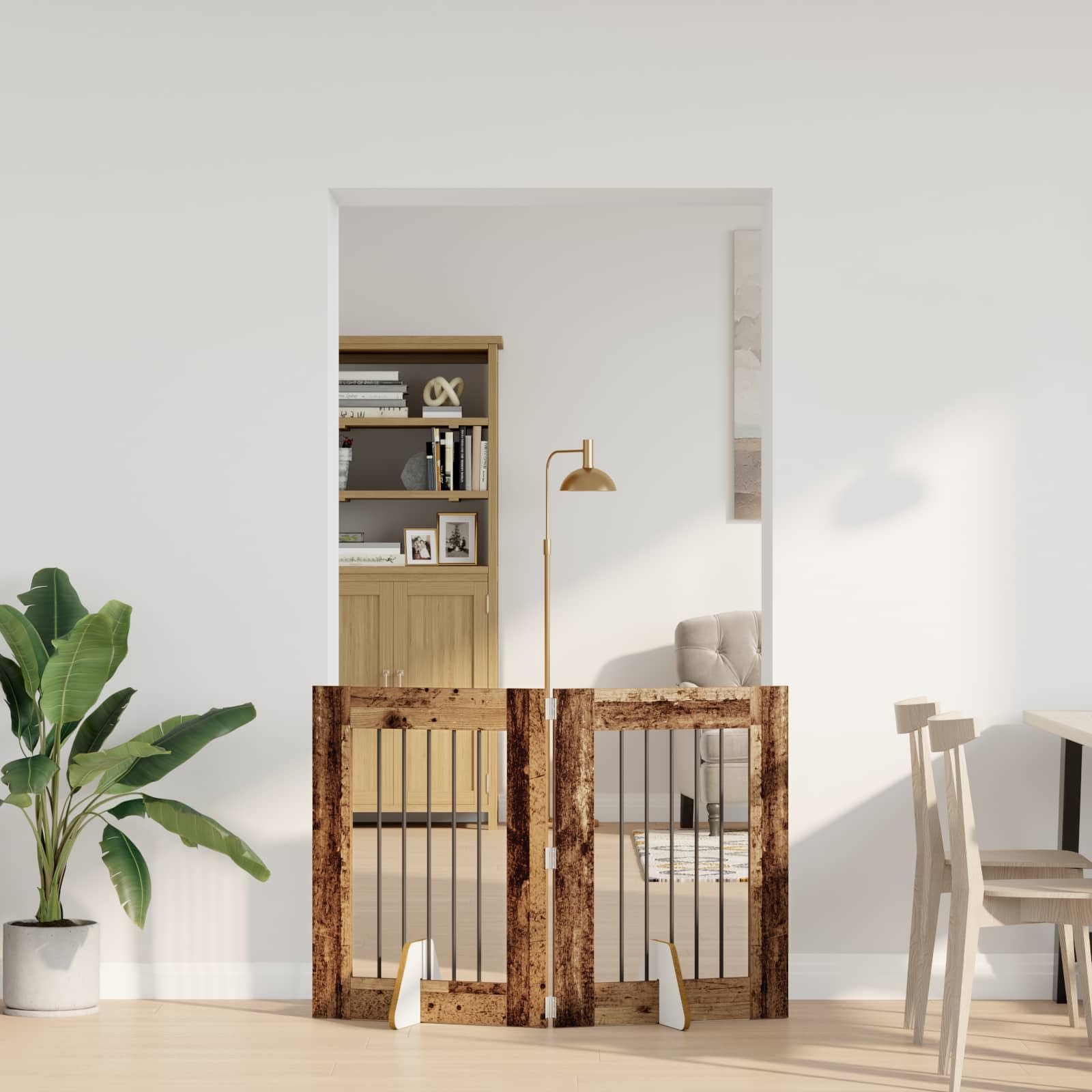 Portería para perros con soporte de madera recuperada 60 x 80 cm, 2 piezas plegable y portátil, material de madera interior para perrera, cercado para cachorros, seguridad y protección en el