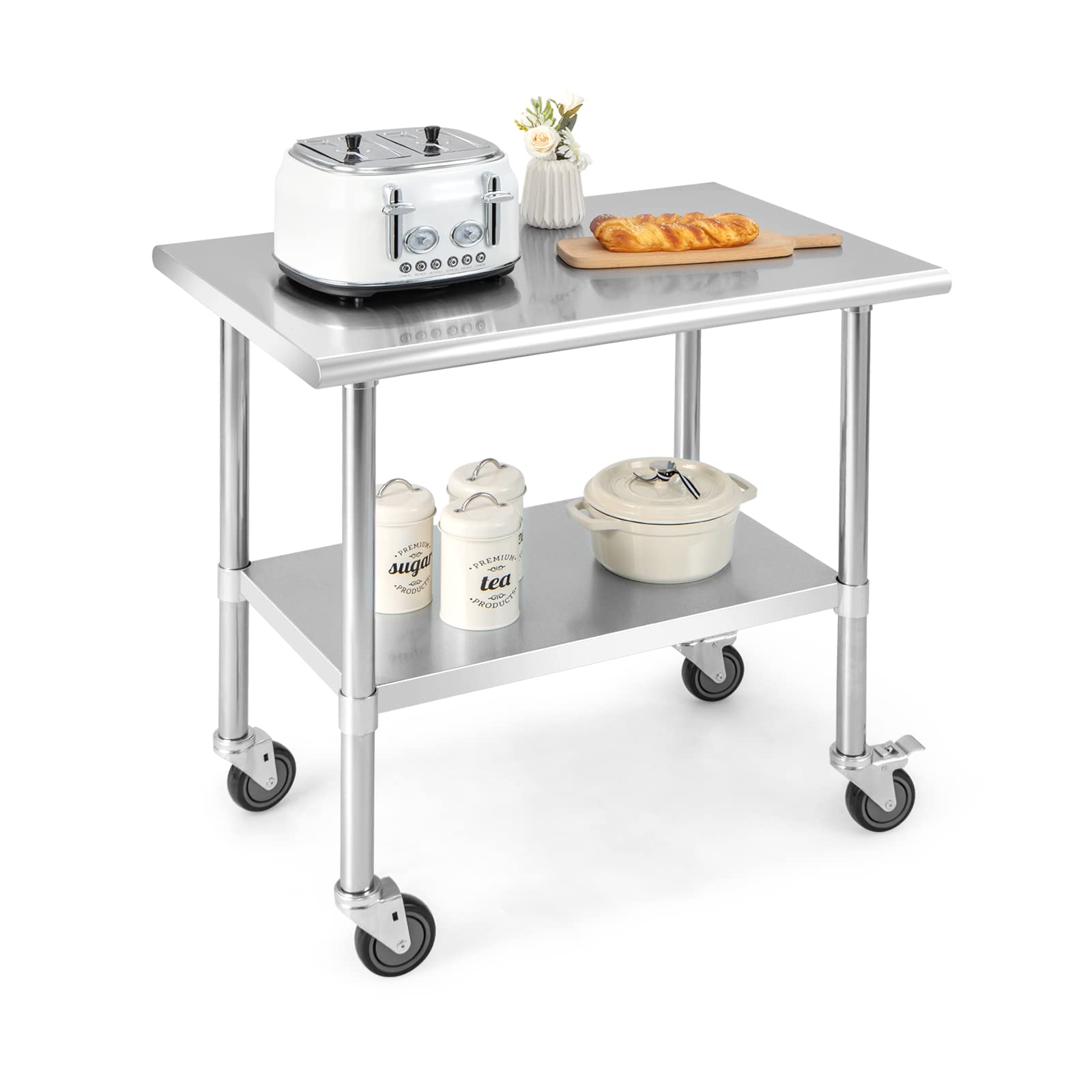 COSTWAY Tavolo da Lavoro in Acciaio Inox, Tavolo di Preparazione Alimentare/Porta Attrezzi con Ruote e Ripiano Inferiore Regolabile, per Cucina, Ristorante, Officina e Garage, 91,5 x 61 x 89,5 cm