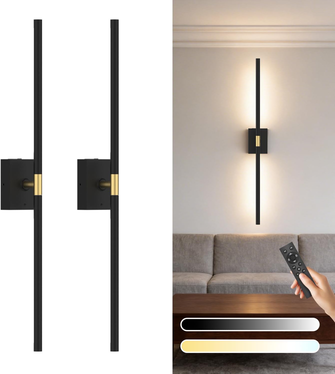 Battery Operated Wall Sconce Set of Two - 10000mAh Cordless Rechargeable Wall Sconces with Remote & Touch Control, 360°Rotate, 4CCT Dimmable Black Wall Lights for Bedroom Living Room, 31.5 inch