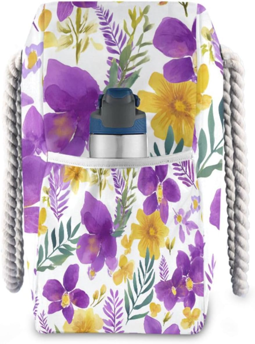 OTVEE Purple Orchid and Yellow Watercolor Floral Pattern Beach Bags for Women Ladies Large Canvas Tote Shoulder Bag Waterproof Travel Bags for Gym Swim Pool Camping