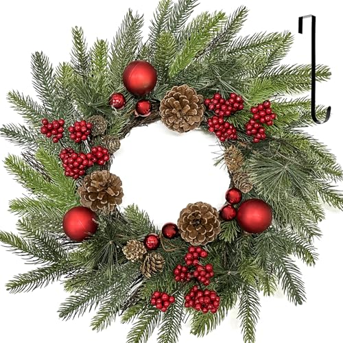 22 Inch Christmas Wreaths for Front Door with Hanger Red Ball Ornaments Berries Pine Cones Xmas Winter Wreath for Home Wall Window Porch Thanksgiving Holiday Indoor Outdoor Decor