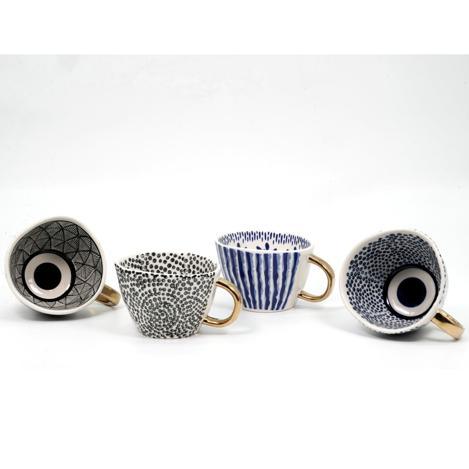 Set 4 Pezzi Tazze Eleganti Idea Regalo da Latte Porcellana 400 ml con Forma Irregolare Dipinte a Mano con Manici Dorati Raffinate Eleganti (Blu e Nero)