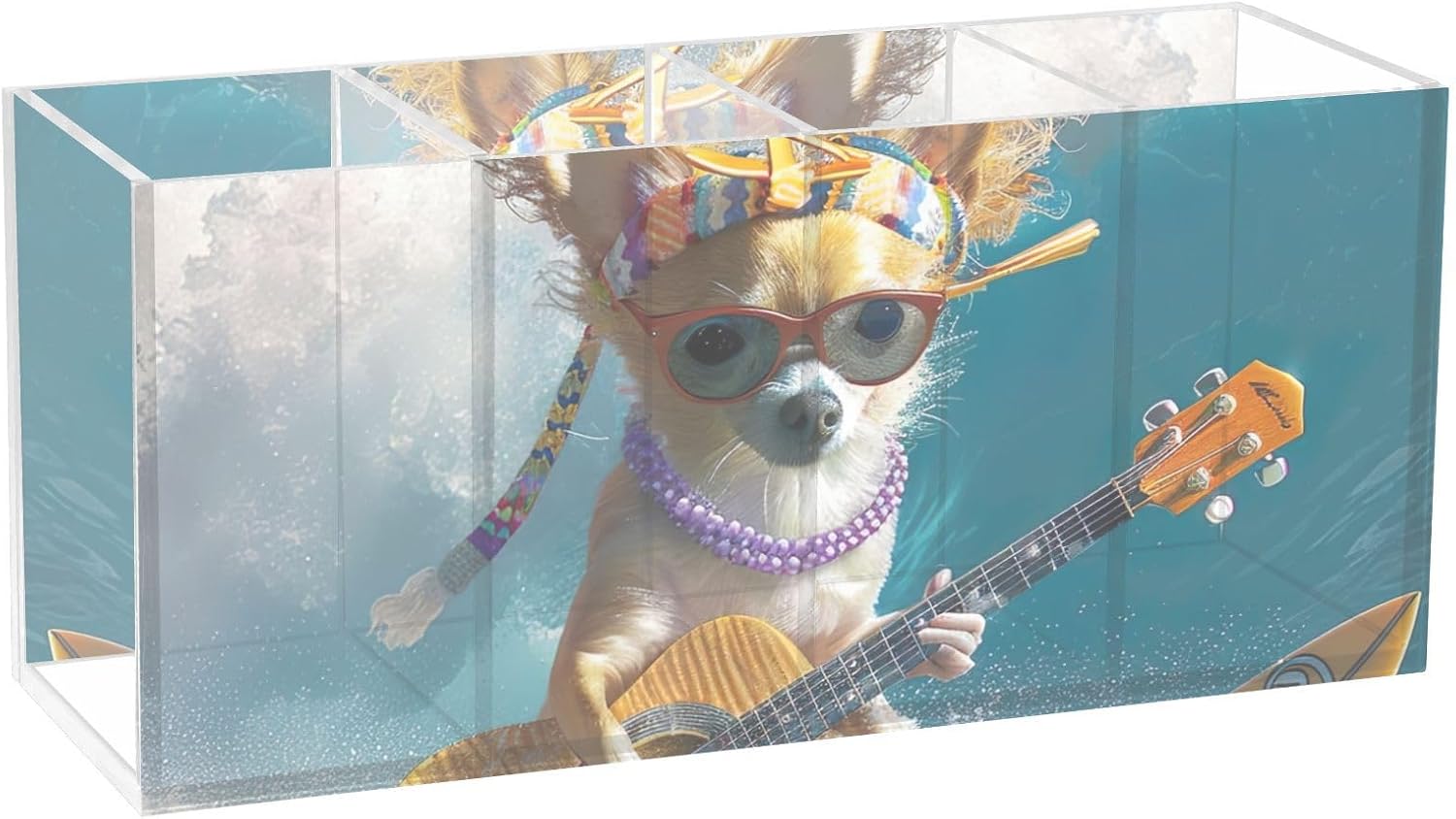 Desk Organizer Pencil Holder, 4-Compartment Desk Storage Box for Office Supplies, Funny Guitarist Dog