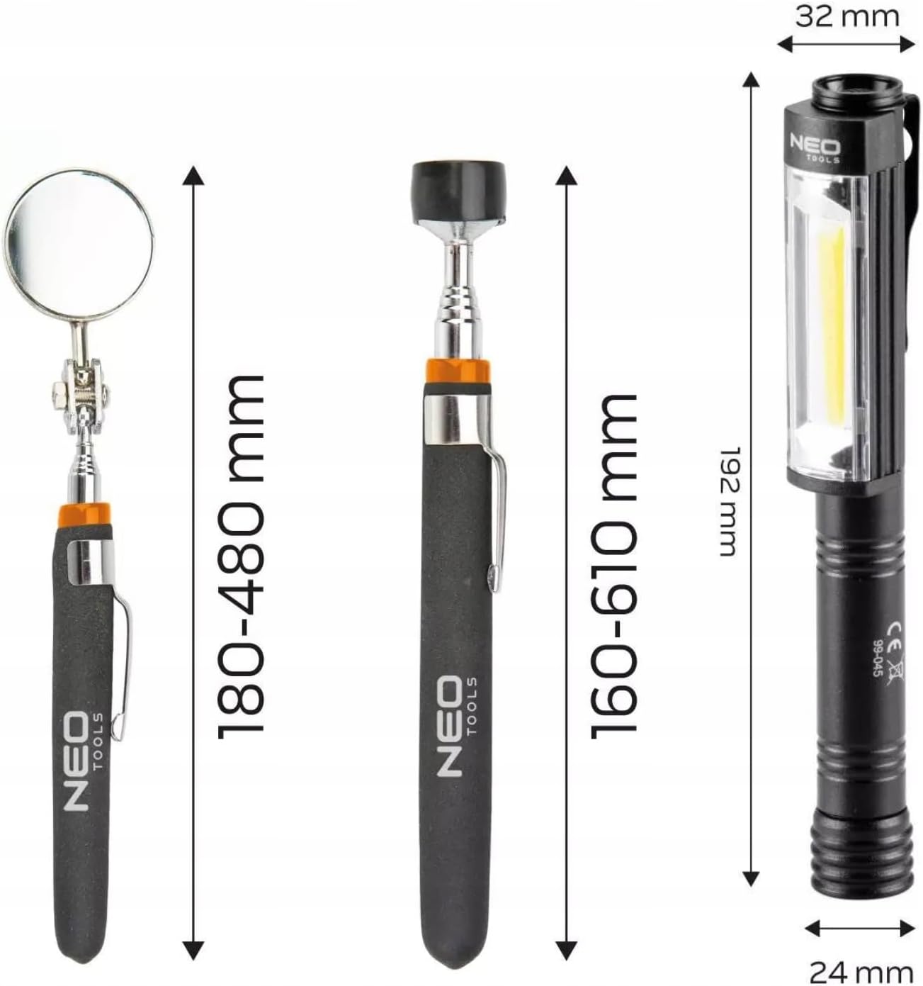 NEO TOOLS 3-częściowy zestaw teleskopowy podnośnik magnetyczny okrągłe lusterko inspekcyjne lampa inspekcyjna LED COB 400 lm 3 funkcje 100 50 czerwone światło narzędzie z magnesem
