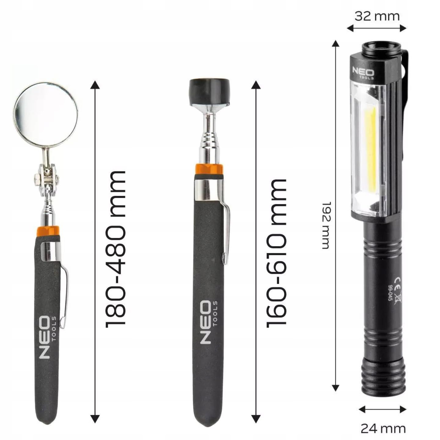 NEO TOOLS 3-częściowy zestaw – teleskopowy podnośnik magnetyczny + okrągłe lusterko inspekcyjne + lampa inspekcyjna LED COB 400 lm, 3 funkcje 100%, 50%, czerwone światło | narzędzie z magnesem