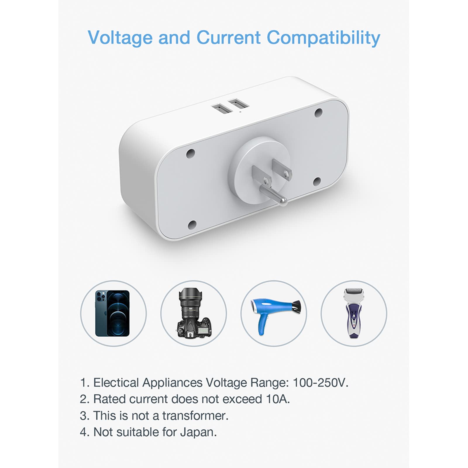 TESSAN Adattatore Presa Americana, Adattatore USA con 3 Tomas y 2 USB, Presa Americana Adattatore Italiana para USA Tailandia Canada Messico, Adattatore Spina Americana
