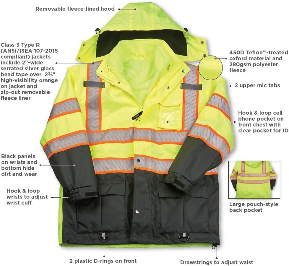 J. J. Keller & Associates, Inc. Hi Vis Reflective Rain Parka, Removable Hood, Fleece Lining, Class 3, SAFEGEAR