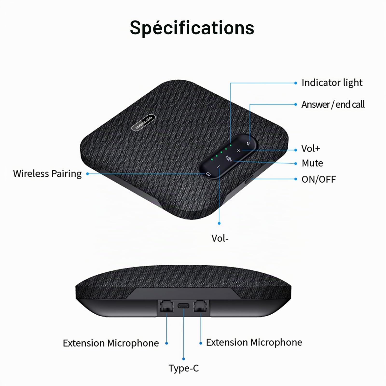 Octopus Pro Haut-Parleur et Microphone de conférence Bluetooth et USB, avec 2 Microphones d'extension, la Prise de Voix à 8 mètres, Compatible Zoom/MS Teams, pour Salle de conférence