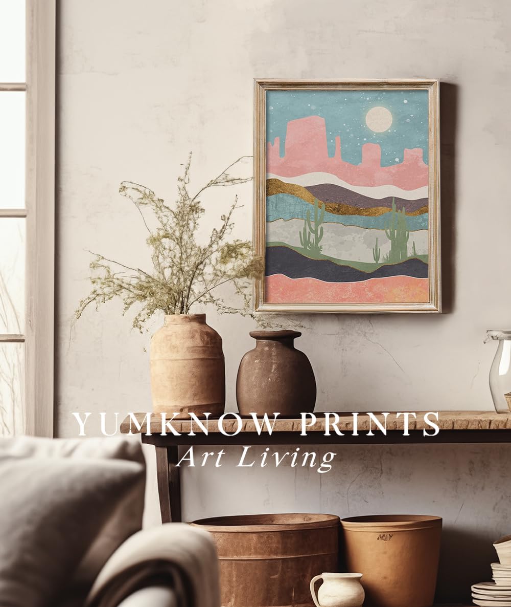 Southwestern Desert Wall Art - 16x20 Pastel Pink and Teal Poster Picture Prints - Modern Boho Mountain Wall Decor - Green Cactus Room Decor - Texutred Nature Art - Abstract Western Artwork for Bedroom