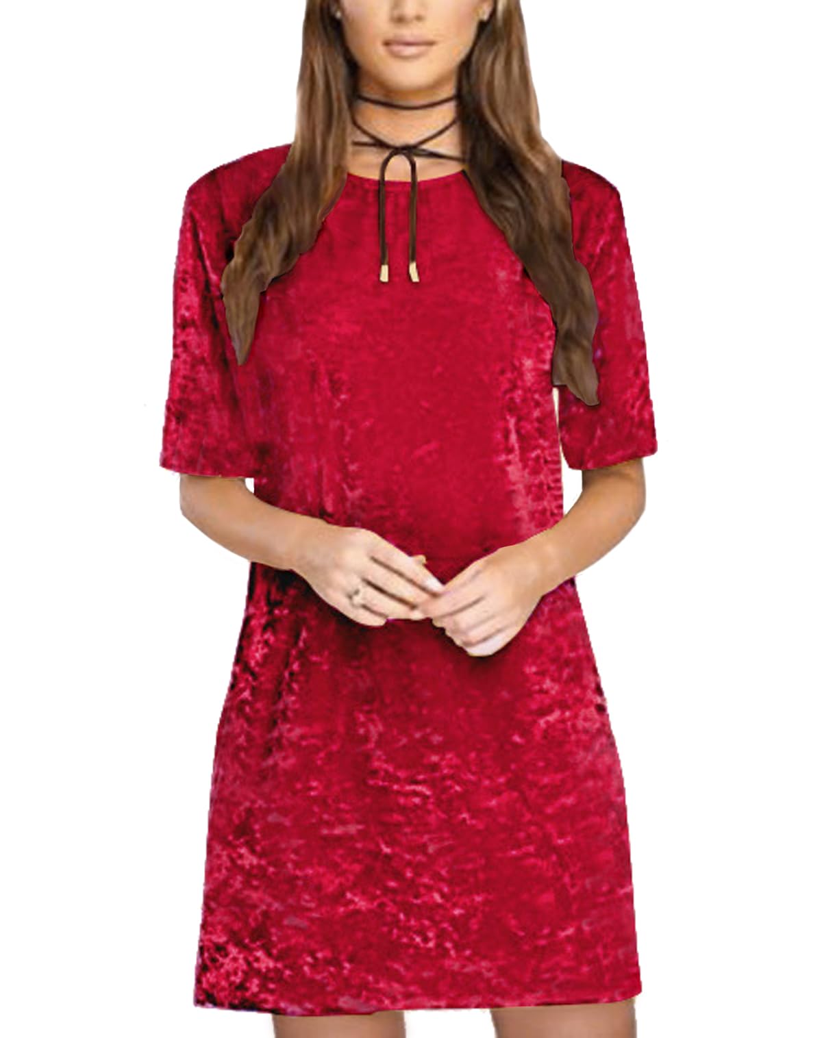 R.vivimos Women's Winered Autumn Winter Casual Short Sleeve Mini Dress Velvet Shift Short Dress(Xxlarge,)