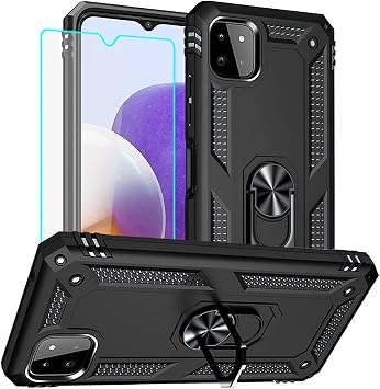 Samsung A22 5G Case, Samsung Galaxy A22 5G Case and Screen Protector, Ring Holder Full Body Protective Shockproof Armour Phone Case for Samsung Galaxy A22 5G Black