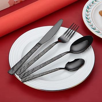 24 Piece Black Silverware Set For 6, Modern Stainless Steel Flatware Set,Include Knife/Fork/Spoon & Long Teaspoon Mirror-Polished Dishwasher Safe Cutlery