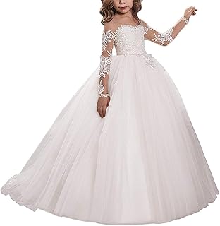 Lace Embroidery Sheer Long Sleeves Kids Trailing Gowns