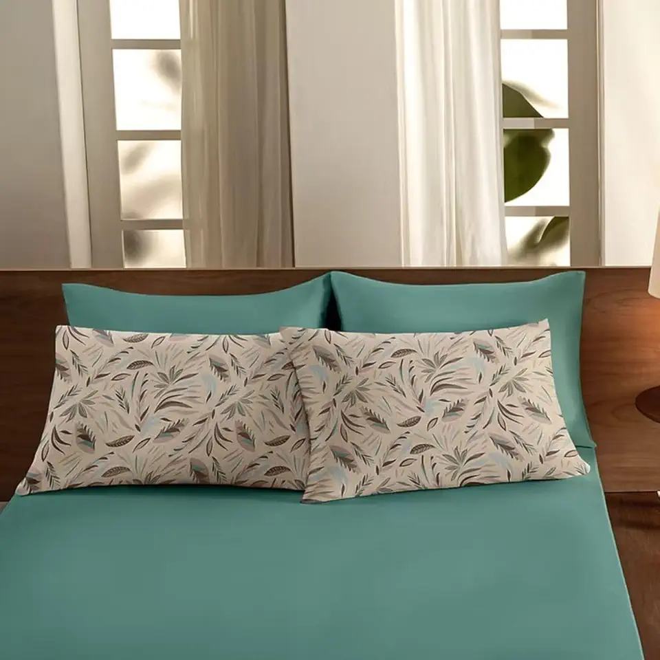 Jogo de Lençol Cama Casal Malha Comfort 100% algodão 3 Peças Estampadas (Folhagem Verde)