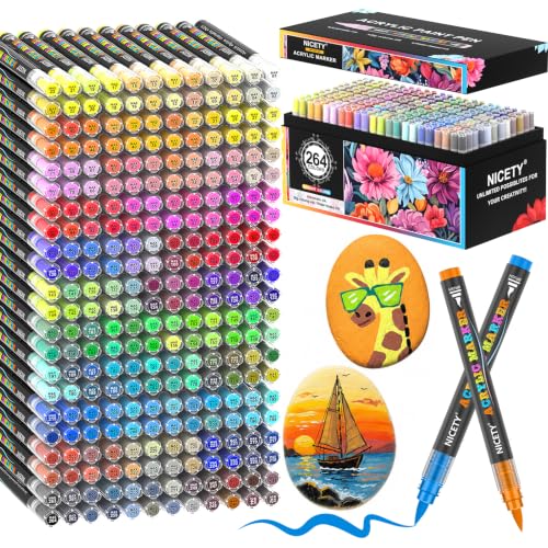 NICETY 264 Feutres Acryliques à Pointe Pinceau - Marqueurs Peinture à l'Eau Multi-Supports pour Pierre, Bois, Céramique, Verre - Pointe Flexible 1-6mm pour Artistes, Débutants et Adultes