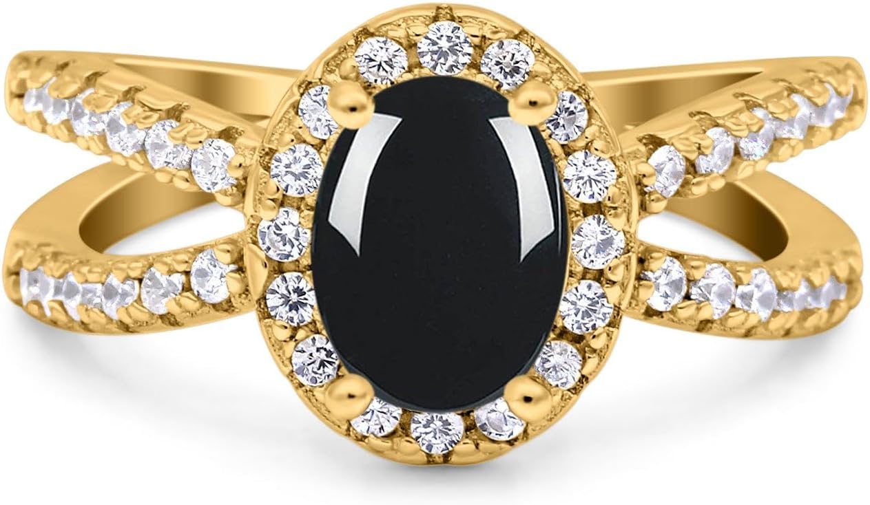 OMRANII Oval Natural Black Onyx Art Deco Ring Halo Cubic Zirconia Split Shank Vintage Ring Wedding Engagement Rings For Women 925 Sterling Silver Gifts For Her