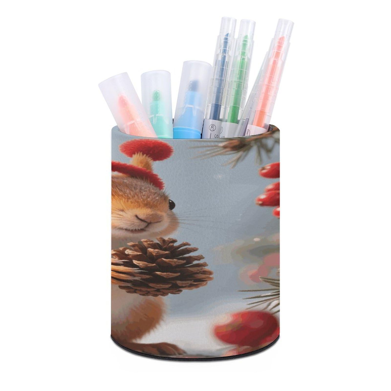 VstaDank Squirrel Pen Holder Round Pencil Holder Cup Pen Container PU Leather Desk Organizer Stand Decorative Brush Scissor Holder Decoration Office Desk Home (3.1 x 3.9 inch)