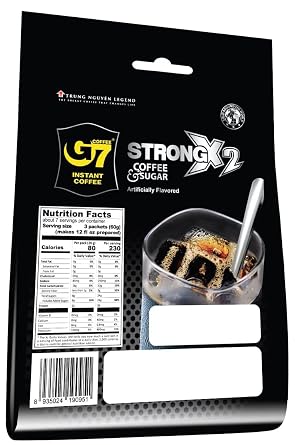 Trung Nguyen G7 Strong X2 Double Strength 2 in 1 Instant Coffee and Sugar Strong and Bold Instant Vietnamese Coffee (20 Single Serve Packets)