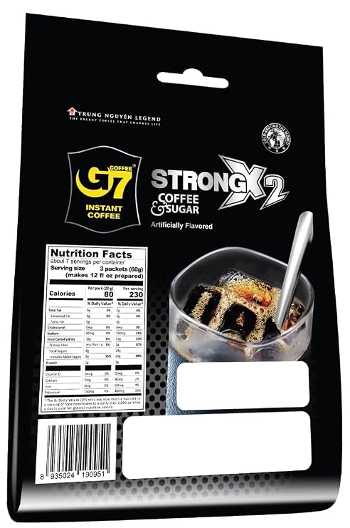 Trung Nguyen G7 Strong X2 Double Strength 2 in 1 Instant Coffee and Sugar Strong and Bold Instant Vietnamese Coffee (20 Single Serve Packets)