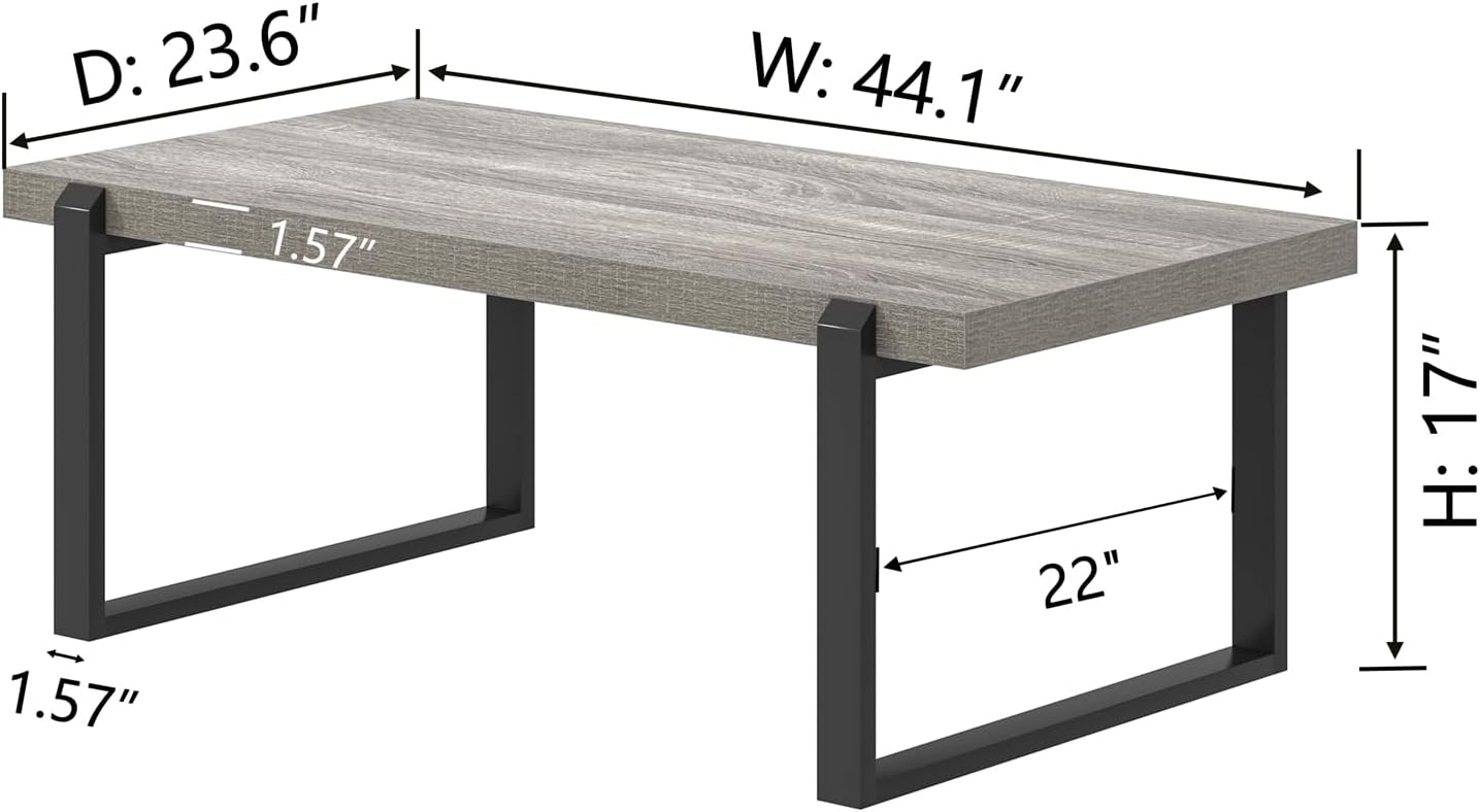 foluban modern coffee table, rustic wood and metal center table, retro small cocktail tea table for living room, light grey, 44 inch light grey 44 inch