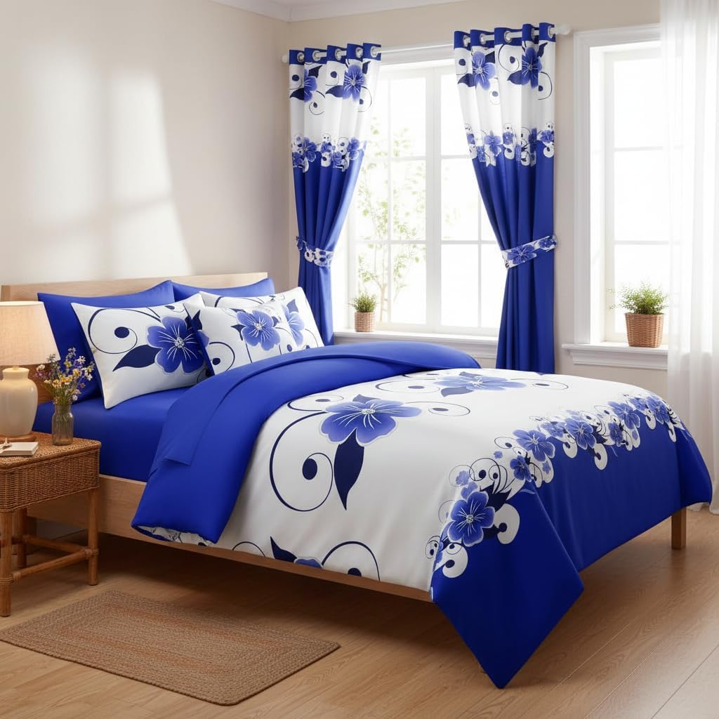 12-Piece Royal Blue Gardenia Duvet Cover Set Queen with Curtains, Floral Bed in a Bag Queen with Sheets, Matching Curtains Comforter Cover, Soft Microfiber Bedding Set Zipper Closure, Ideal Gift