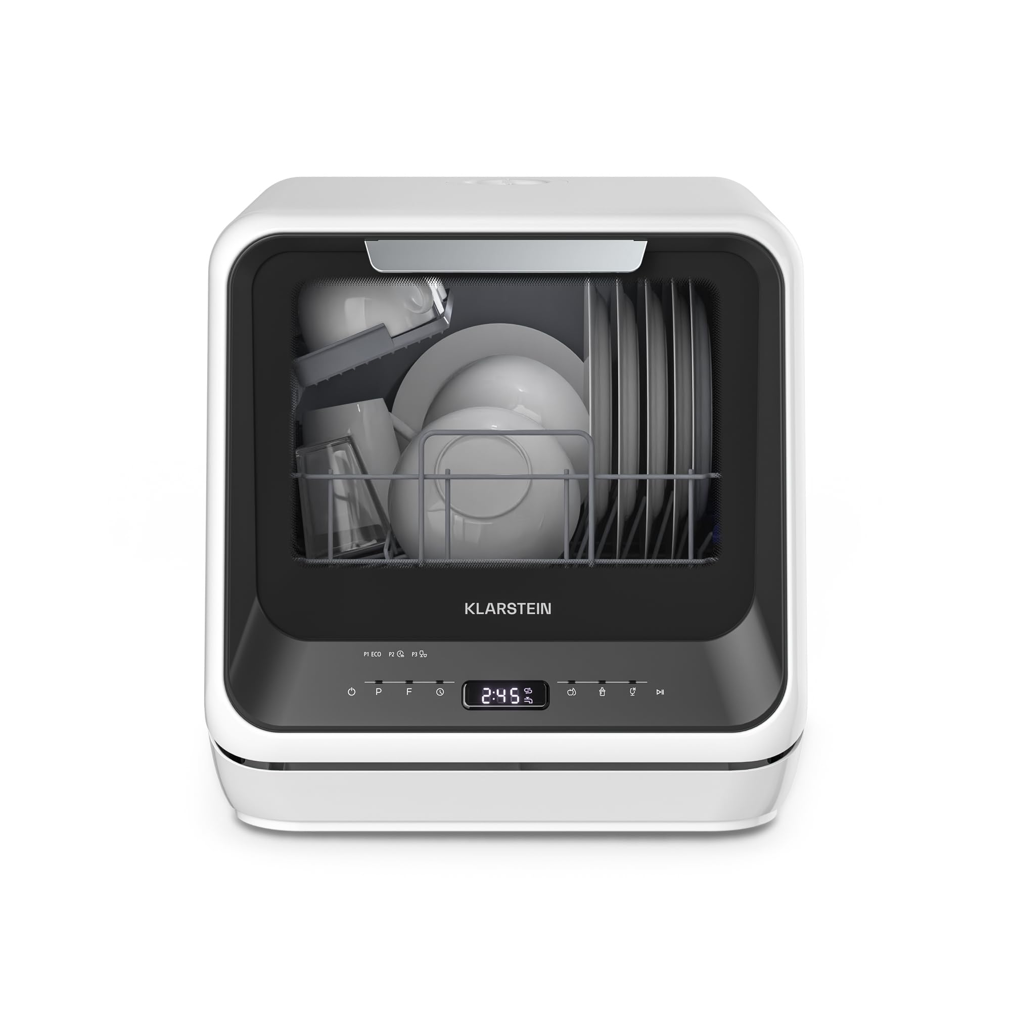 Klarstein Amazonia Mini Lavastoviglie – Portatile Compatta, 7 Programmi, 5L Serbatoio o Attacco Diretto, Silenziosa 58dB, Classe energetica D, Display Digitale, per Cucine Piccole, Nero