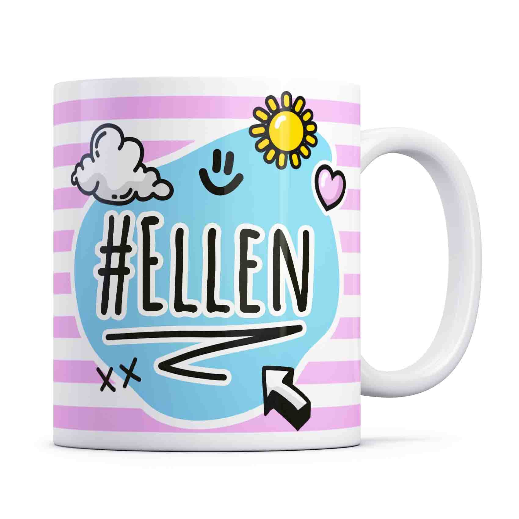 TazletreeEllen Mug. Pink and Blue Happy Doodle Design Standout Coffee Cup.