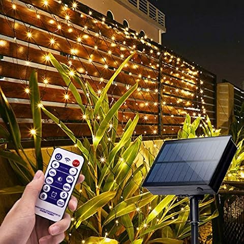 echosari Solar Net Mesh Lights with Remote, 11.8Ft x 4.9Ft 360 LEDs Fence String Light, IP65 Outdoor Waterproof/8 Modes/Timer/Dark Greed Cable Fairy Icicle Lights for Garden/Porch/Wedding (Warm White) Cover