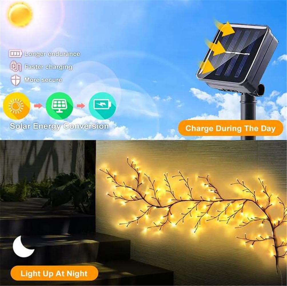 72LEDS 4.7Ft ，96LEDS 5.9t Solar Willow Vine Light for Outdoor Wall Balcony Garden Decor, Solar String Fairy Light Waterproof (96LEDS 5.9t)
