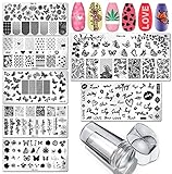 LoveOurHome 7pc Valentine Nail Stamping Kit Flower Butterfly Lace Geometric Nails Stamp Plate Template Stencil Manicure Fingernails DIY Design Tools with Clear Stamper Scraper for Women Kids Gilrs