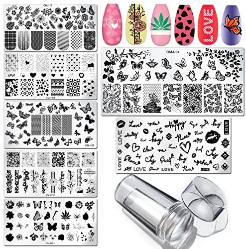 Loveourhome 7Pc Valentine Nail Stamping Kit Flower Butterfly Lace Geometric Nails Stamp Plate Template Stencil Manicure Fingernails Diy Design Tools With Clear Stamper Scraper For Women Kids Gilrs #TOP12