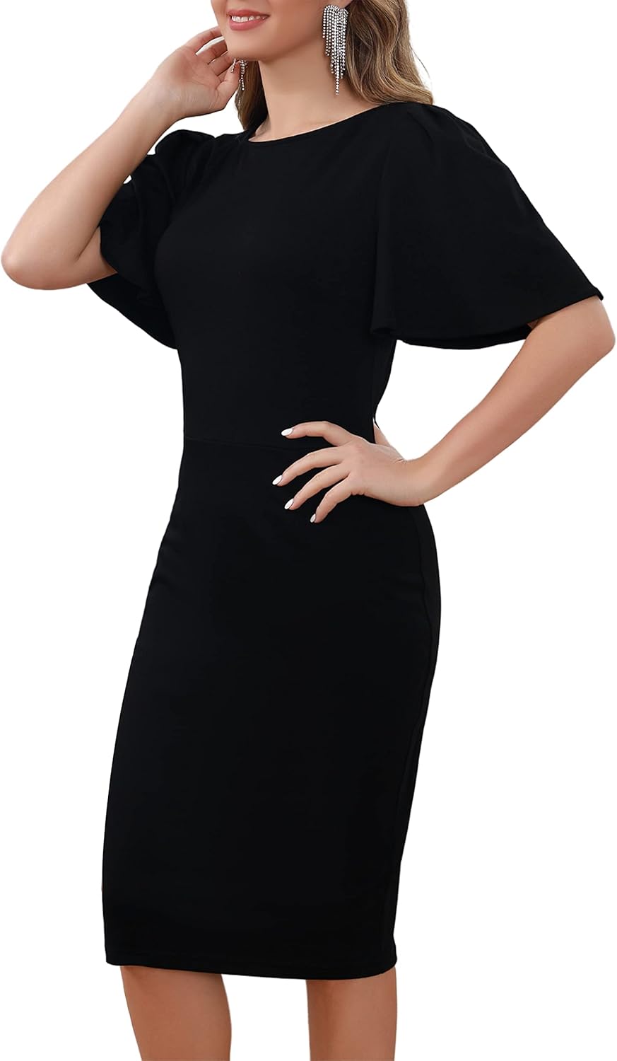 Aphratti Women's Elegant Fitted Work Sheath Dress Classic Ruffle Short Sleeve Formal Cocktail Party Midi Dresses X-Large Black