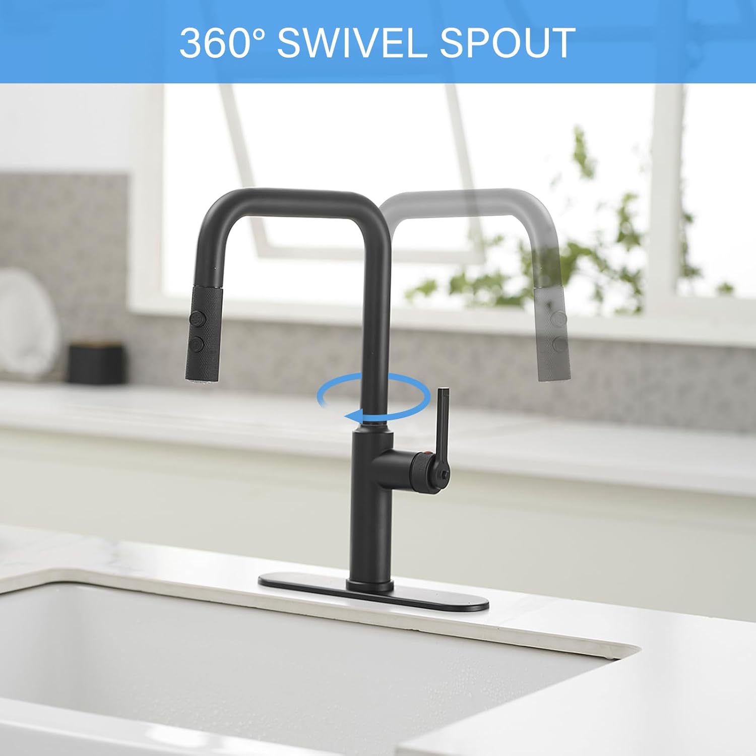 Homevacious Matte Black Kitchen Faucet Modern Single Handle Bar Faucet Single Hole High Arc 360°Swivel Spout Stainless Steel Utility Laundry Sink Faucet with Deck Plate