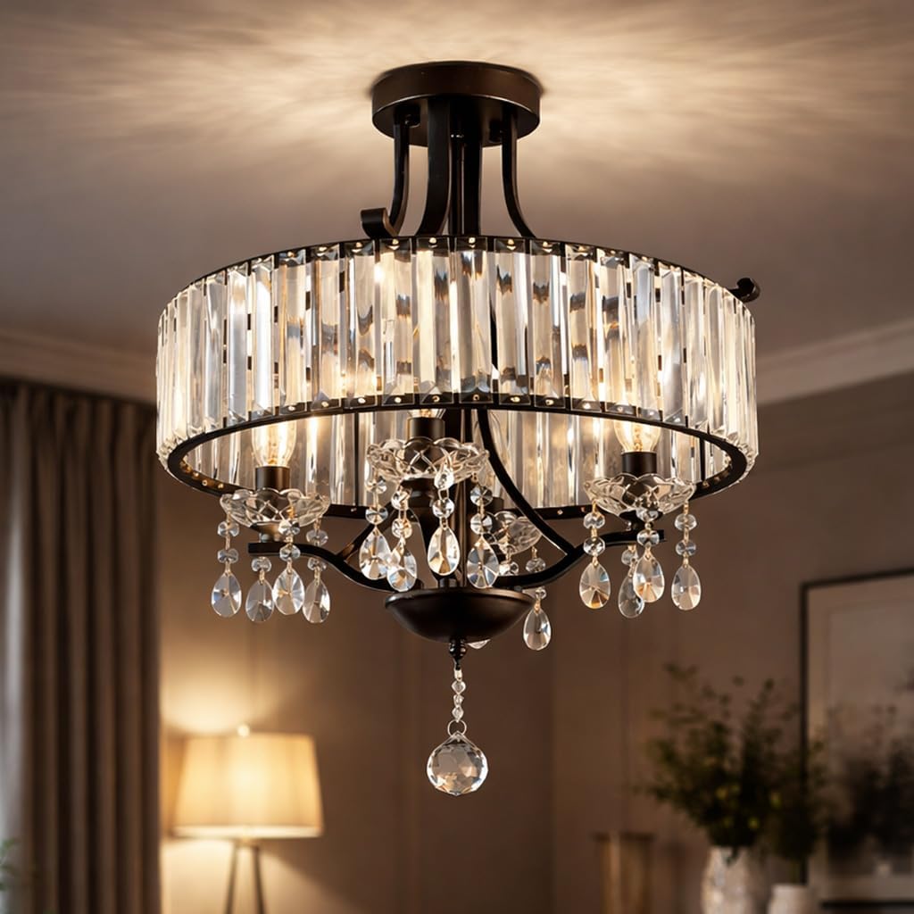 Maxax 16.5" Flush Mount Chandelier, Modern 4-Lights Ceiling Light for Living Room, Round Crystal Light Fixture for Bedroom, Semi Flush Mount Pendant Light for Dining Room Kitchen Entryway, Black