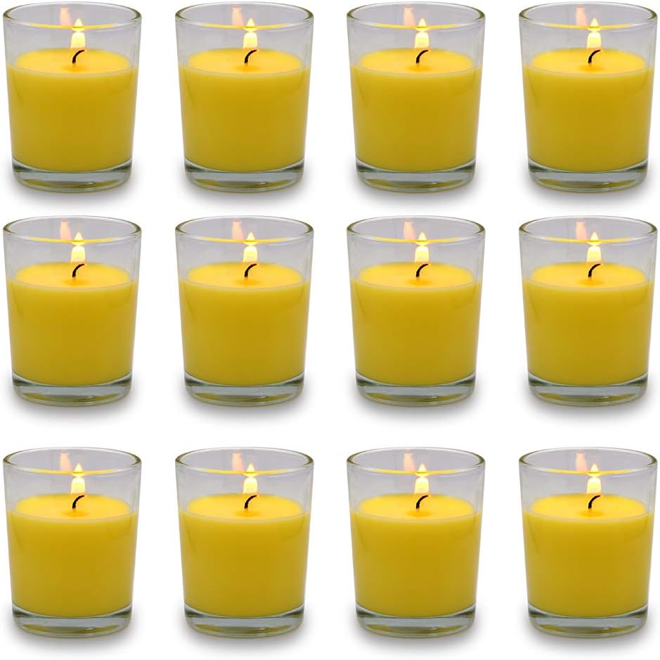 Set of 12 White Votive Candles Clear Glass Filled Unscented Soy Wax Candle for Home Décor Spa Weddings Birthday Holidays Party and DIY