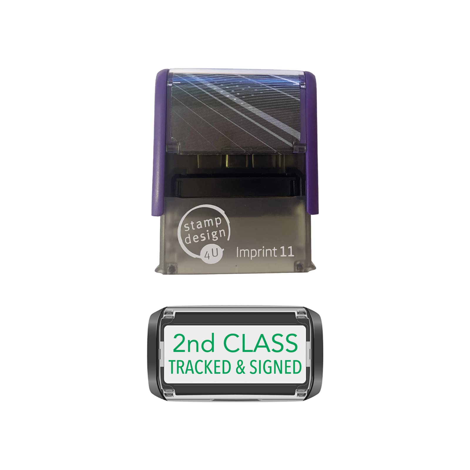 Imprint 11 38 x 14mm - Stock Self-Inking MAILING/DELIVERY Stamp 2ND Class Tracked & Signed Stamp with Green Ink