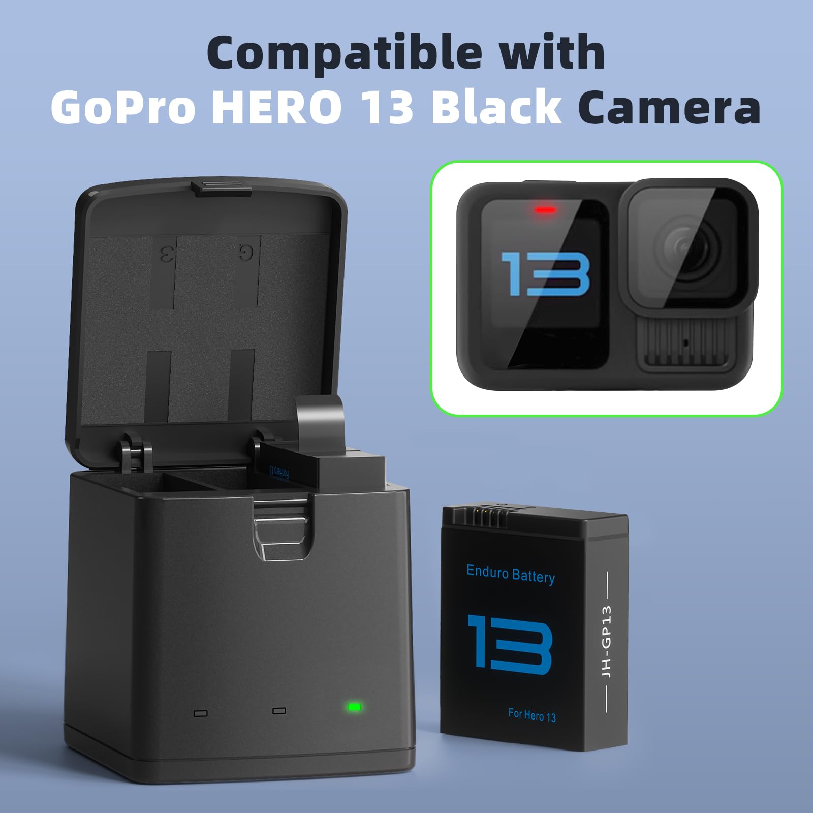 Paquete de 2 baterías de 2100 mAh compatibles con cámara GoPro Hero 13 negra con estación de carga de batería de 3 ranuras (cargador y 1 batería)