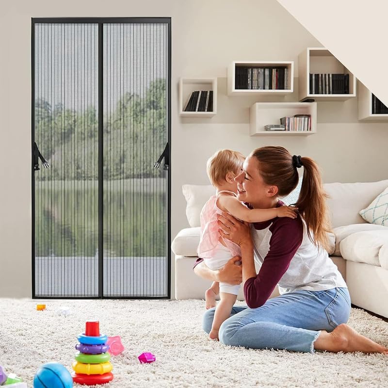 Shuban Polyester Mosquito Net for Door with Stay-Open Buckle (100 cm X 210 Cm, Black) | Auto-Closing Insect Screen Full Frame Hook & Loop for All Door Types