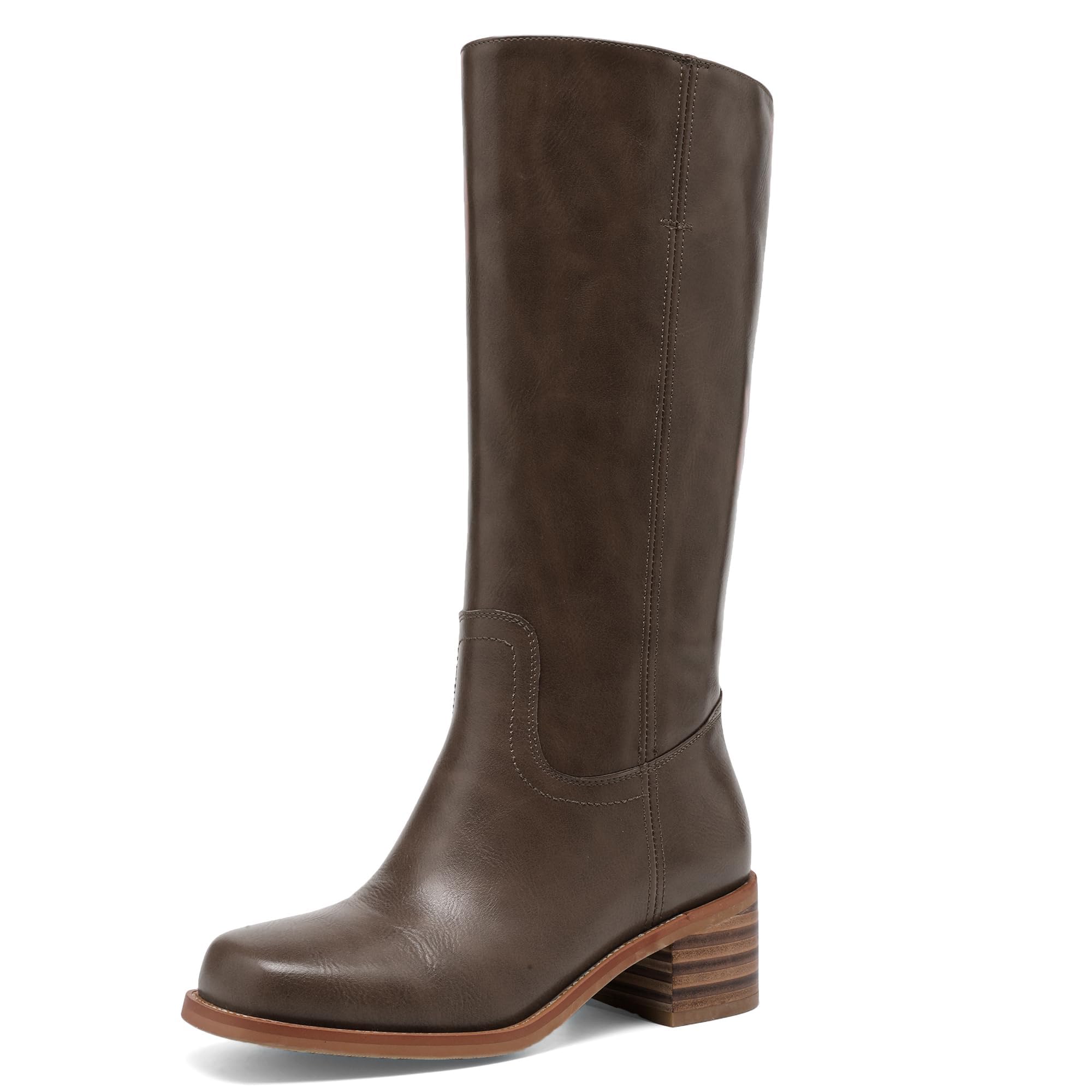 Womens Knee High Boots Square Toe Chunky Block Heel Long Boots for Women Comfortable Slip on Low Heel