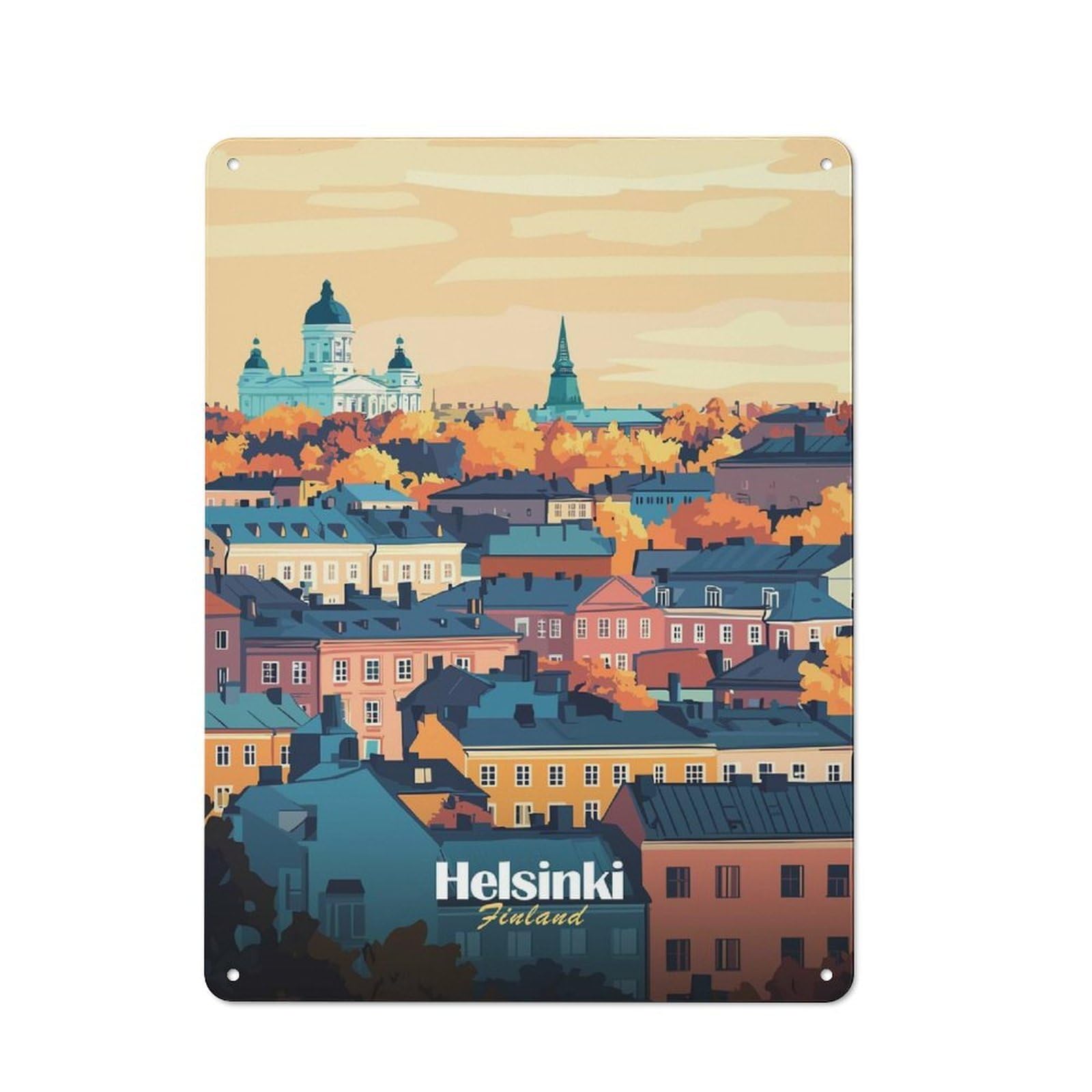 Helsinki Cityscape Clean Industrial Metal Wall Decor 40x30cm, Decorative Metal Plaque for Workspace, Cafe, Hallway Or Garage
