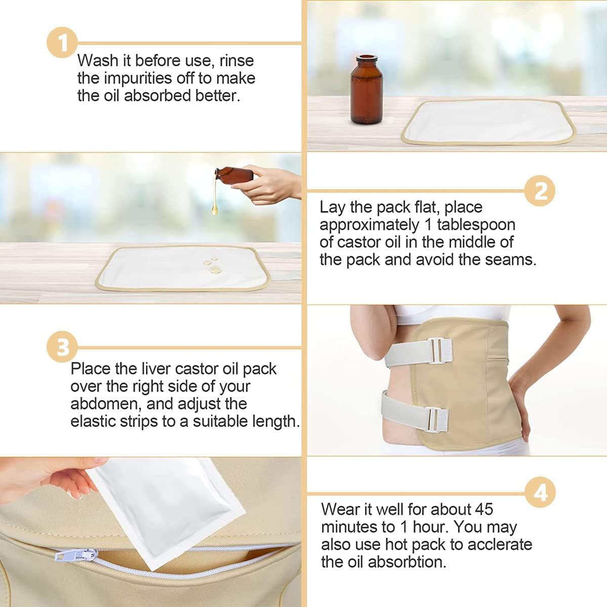 Reusable Castor Oil Pack Wrap β Soft Cotton Flannel Oil Pack with Adjustable Elastic Strap | Mess-Free, Washable Design for Home Use 4