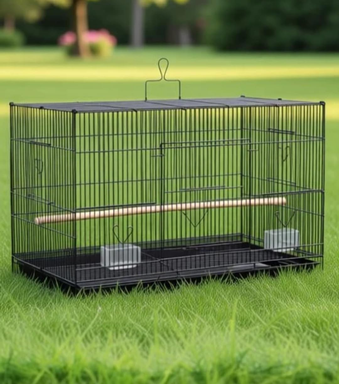 Bird Cage with Wooden Perch and Feeder, 50x35x35 cm, Black | Metal Wire Construction, Removable Bottom Tray, Top Carry Handle, For Small Birds, Spacious Interior-image-15