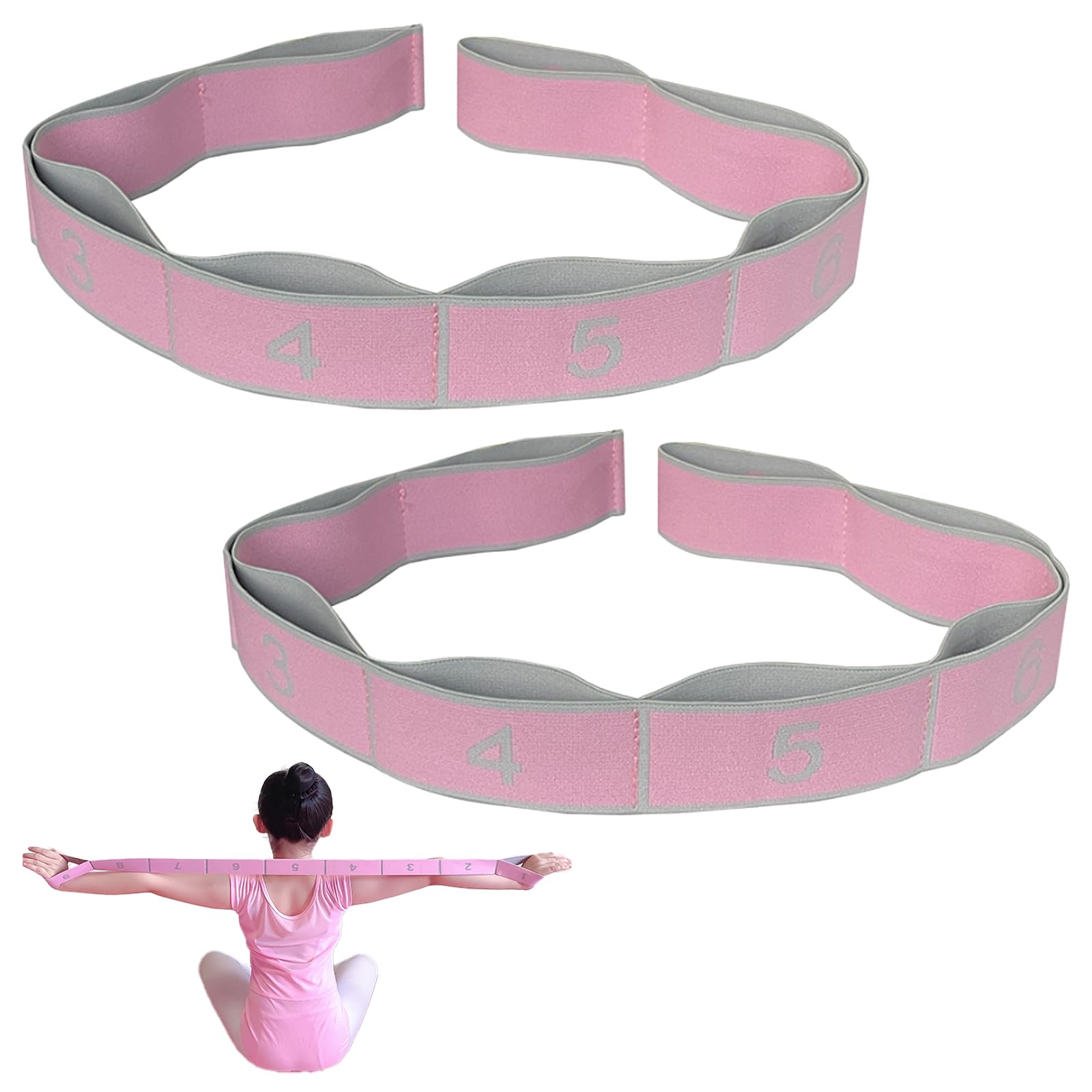 2pièces Bande Élastique Yoga,Yoga Stretch Bandes avec 8 Anneaux,Sangle d'exercice élastique,Sangle de Pilates,pour Le Yogas,la Gymnastique,Le Pilates,Le Fitness