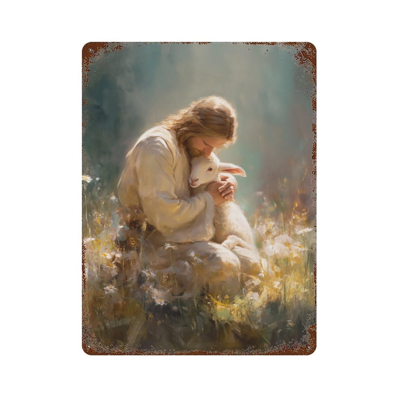 Garage Style Jesus with Lamb in Field -1 Rustic Tin Plaque 15.7"x11.8", Farmhouse Wall Decor for Bar And Workshop